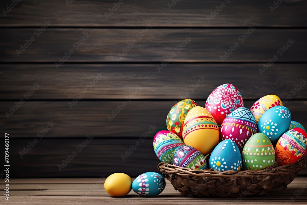 Happy easter day, Easter painted eggs in the basket on wooden rustic table for your decoration in holiday with copy space Happy easter day, Easter painted eggs in the basket on wooden rustic table for your decoration in holiday with copy space