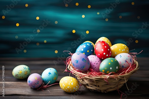 Happy easter day, Easter painted eggs in the basket on wooden rustic table for your decoration in holiday with copy space