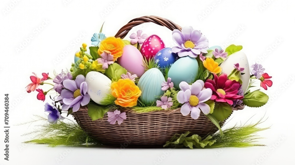 Happy easter, Easter painted eggs in the basket on wooden rustic table for your decoration in holiday