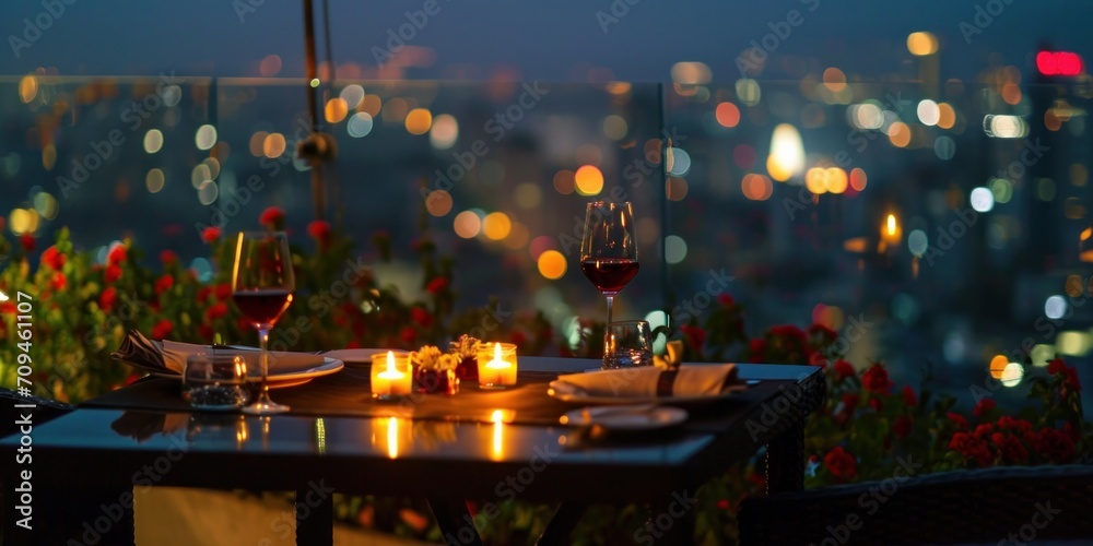 A romantic candlelit dinner on a rooftop terrace with city lights below