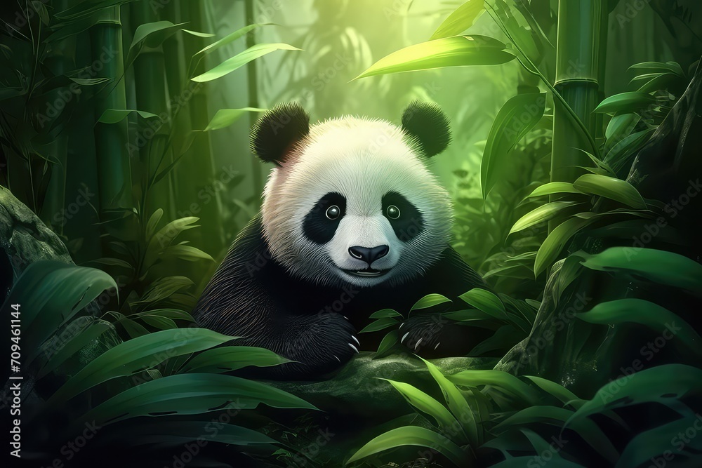 Portrait of giant panda in bamboo forest.