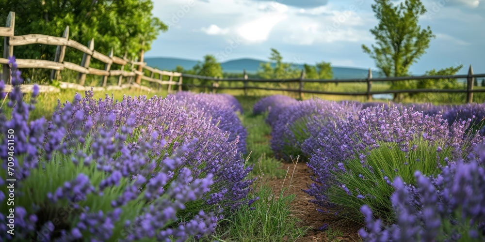 A field of blooming lavender with a rustic wooden fence in the distance
