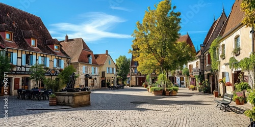 A charming European village square with cobblestone streets and old architecture photo