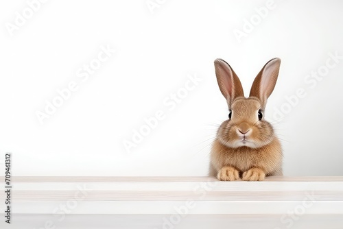 Cute bunny on table against blurred background. Space for text