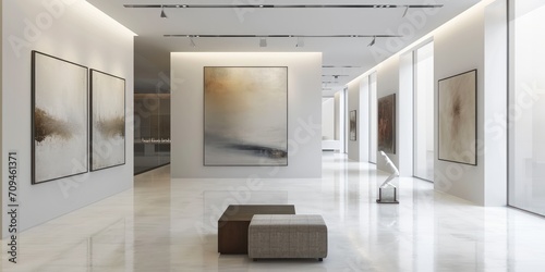 A modern art gallery with abstract paintings, sculptures, and a minimalist interior. photo