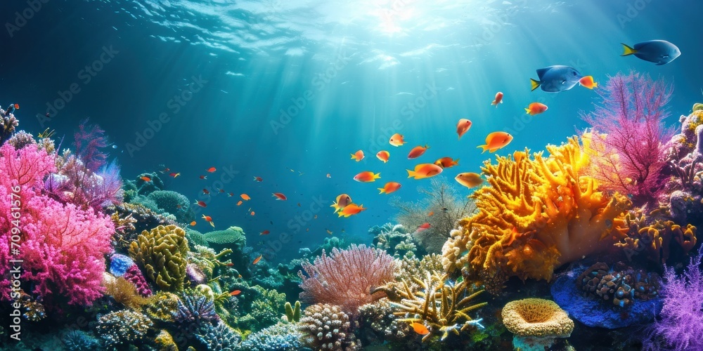 serene coral reef underwater scene with colorful fish and vibrant marine life.