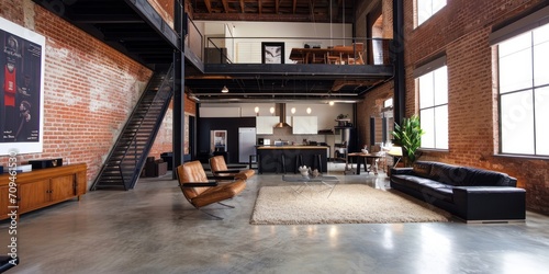 industrial warehouse converted into a trendy loft space, with exposed brick and modern decor. photo
