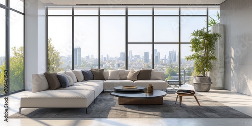 spacious, minimalist living room with large windows, modern furniture, and a city view. Ideal for interior design