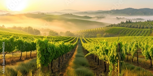 panoramic view of rolling vineyards at sunrise, with rows of grapevines and a misty background.