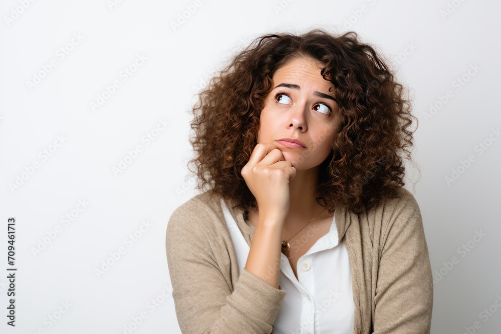 Pensive young plump woman thinking in casual attire isolated white background Pensive young plump woman thinking in casual attire isolated white background