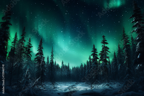 Generative AI Image of Pine Trees in Forest with Aurora Borealis in Night Sky