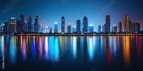 city skyline at night  illuminated with colorful lights and reflecting on a calm river