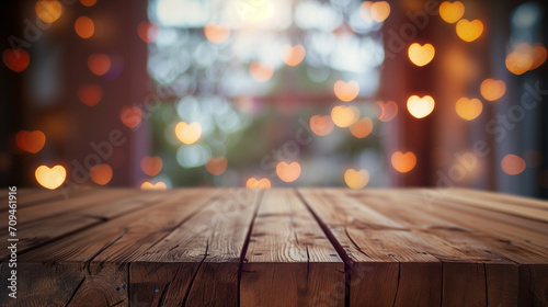 Empty wooden table with blurred background, Heart-shaped bokeh lights of six star luxury hotel room at valentine day