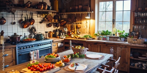 cozy, rustic kitchen interior with warm lighting, a wooden table set for a meal, and fresh produce on the counters. 