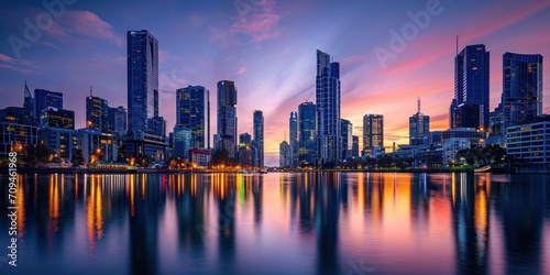 A vibrant cityscape at sunset, featuring tall skyscrapers with lights starting to twinkle
