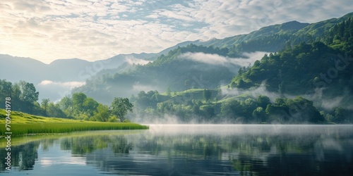 Serene mountain landscape with mist and a calm lake, perfect for tranquil nature themes.