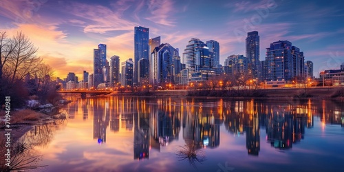 A vibrant cityscape at sunset, featuring tall skyscrapers with lights starting to twinkle © DailyStock