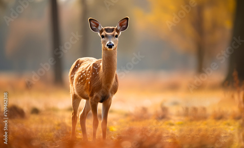 young deer with grazing eyes stand on meadow 