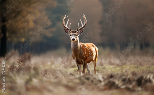 deer standing on grass meadow in brow tone