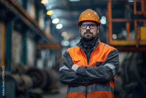 Portrait of male engineer worker working and standing with crossed arms in factory.  © CStock