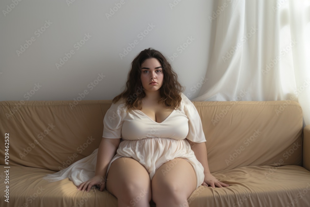 Sad Overweight plus size woman ,Chubby woman worried at home Sad Overweight plus size woman ,Chubby woman worried at home