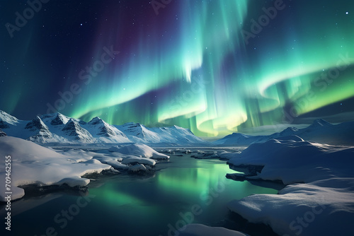 Generative AI Image of Snowy Mountains Landscape in Pole with Aurora Borealis in the Sky
