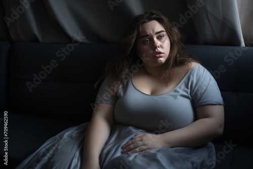 Sad Overweight plus size woman ,Chubby woman worried at home