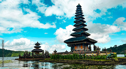 Ulun Danu Bratan Temple. Lake Bratan, tourist attraction in Bali, Indonesia.