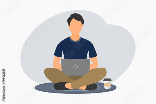 A young man sitting on the floor and working on a laptop. Vector illustration.