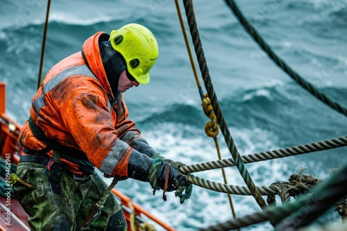 worker in high-vis gear guiding cable into the sea. worker or fisherman photo