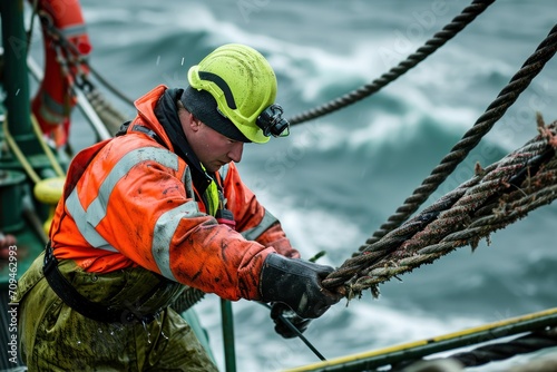 Shot of worker in high-vis gear guiding cable into the sea.  photo