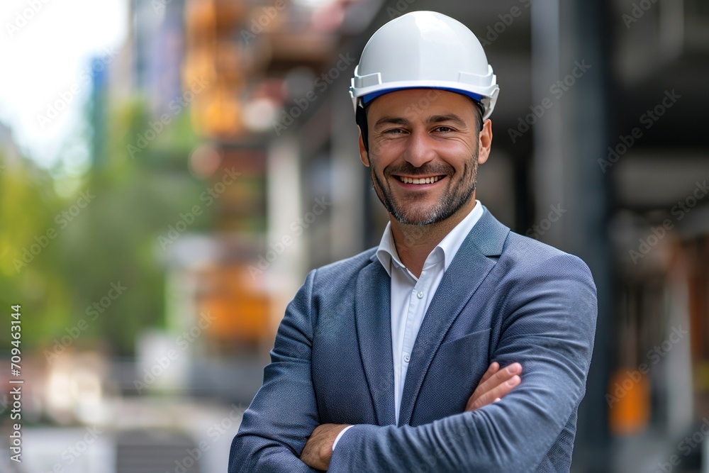 Smiling businessman with helmet on head Smiling businessman with helmet on head