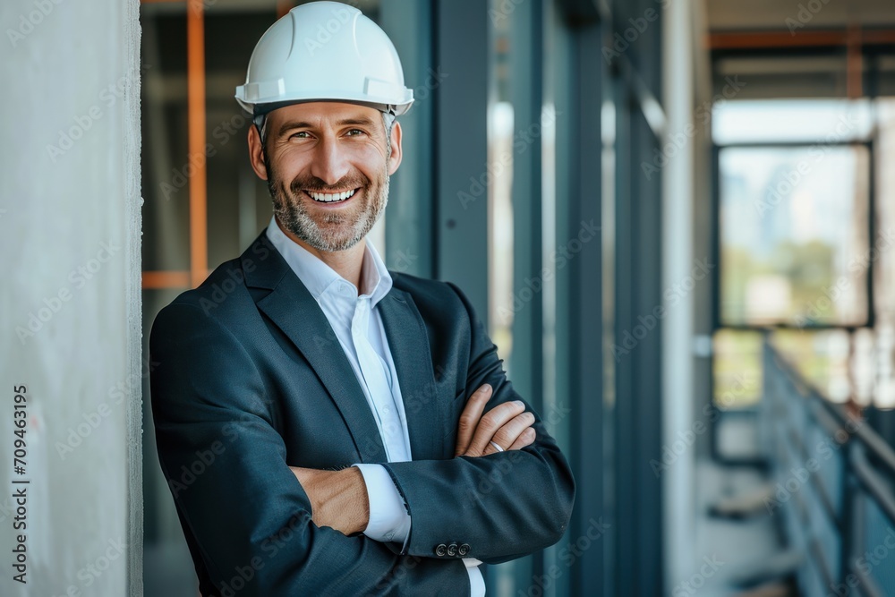 Smiling businessman with helmet on head standing Smiling businessman with helmet on head standing