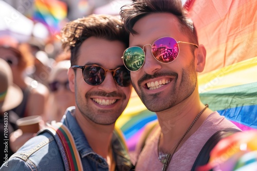 Smiling gay couple at pride parade, Rainbow flag in the background. 