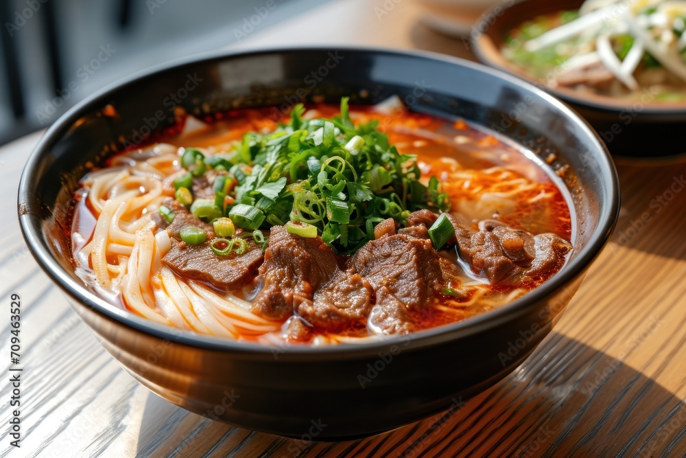 Spicy red soup beef noodle in a bowl on wooden table.
