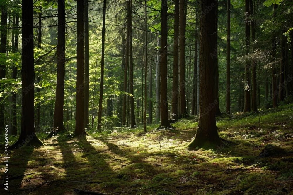 Obraz premium A beautiful forest scene Emphasizing the diversity of plant life and the interplay of light and shadow among trees
