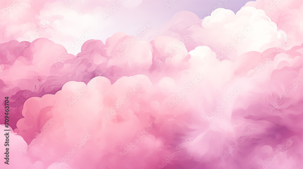 Pink watercolor cotton cloud background. pastel fantasy sky backdrop