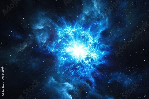 A brilliant blue supernova explosion against a dark universe backdrop