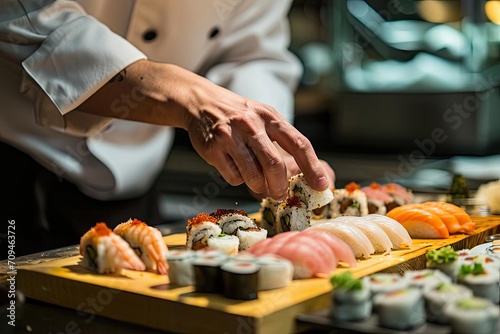 A chef artistically preparing a sushi platter Highlighting the art of japanese cuisine photo