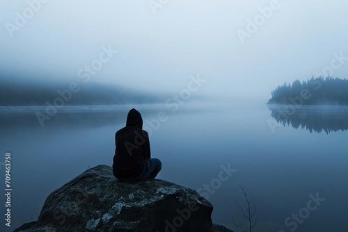 A contemplative individual looking out over a misty lake at dawn Reflecting on life