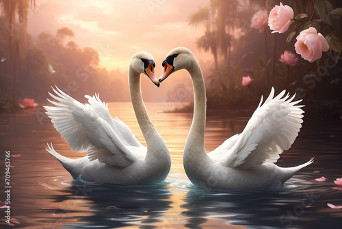 a pair of swans on a romantic background photo