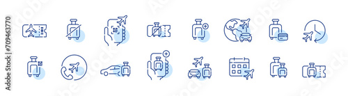 Airport and flight icons. Tickets, buying extra luggage, renting a car or hailing a taxi. Pixel perfect, editable stroke