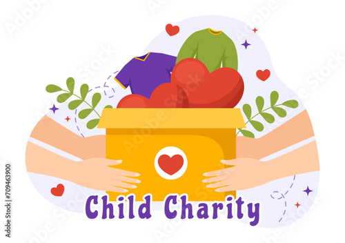 Child Charity Vector Illustration of Charitable Support and Protection of Children with Toy Donation Boxes, Food and Medications Humanitarian Aid
