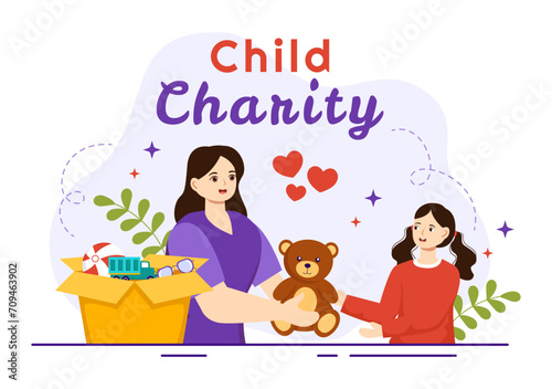 Child Charity Vector Illustration of Charitable Support and Protection of Children with Toy Donation Boxes, Food and Medications Humanitarian Aid
