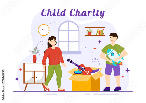 Child Charity Vector Illustration of Charitable Support and Protection of Children with Toy Donation Boxes, Food and Medications Humanitarian Aid