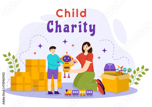 Child Charity Vector Illustration of Charitable Support and Protection of Children with Toy Donation Boxes, Food and Medications Humanitarian Aid