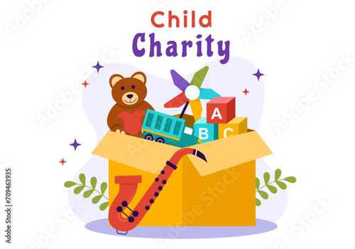 Child Charity Vector Illustration of Charitable Support and Protection of Children with Toy Donation Boxes, Food and Medications Humanitarian Aid