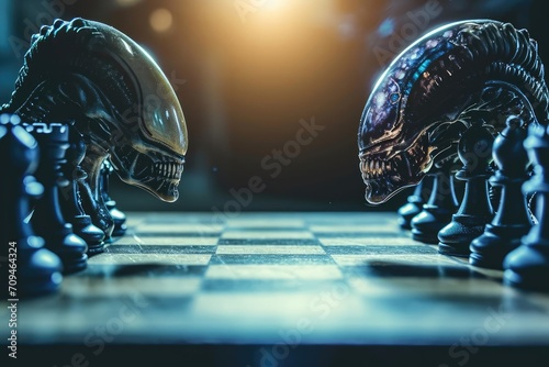 A holographic space chess tournament with alien grandmasters photo