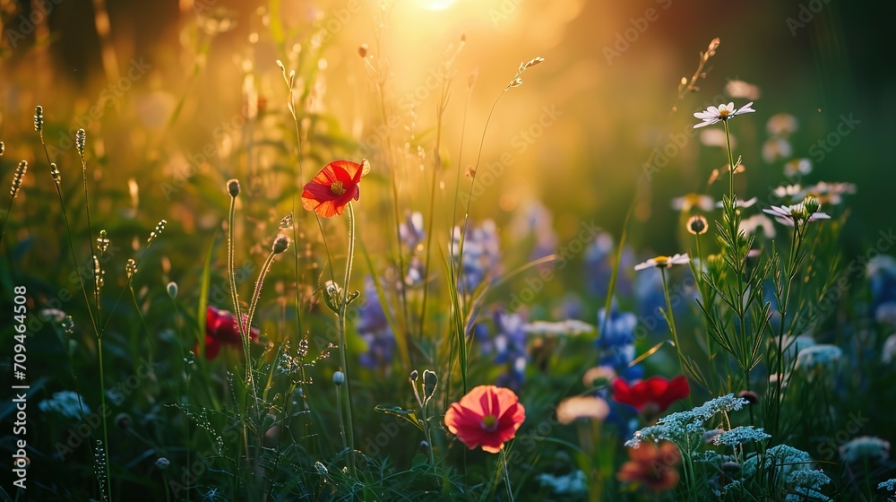 Beautiful wildflowers on a green meadow. Warm summer evening Beautiful wildflowers on a green meadow. Warm summer evening