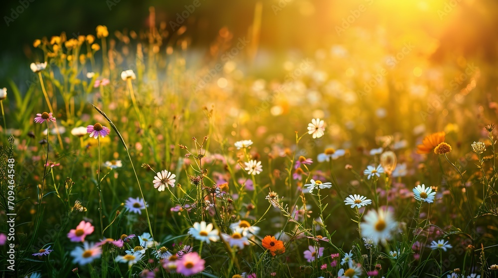 Beautiful wildflowers on a green meadow. Warm summer evening